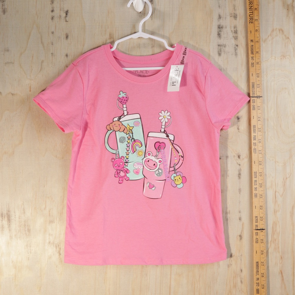 The Childrens Place Girls Pink Tumbler Graphic Tee M 7/8 Short Sleeve Shirt